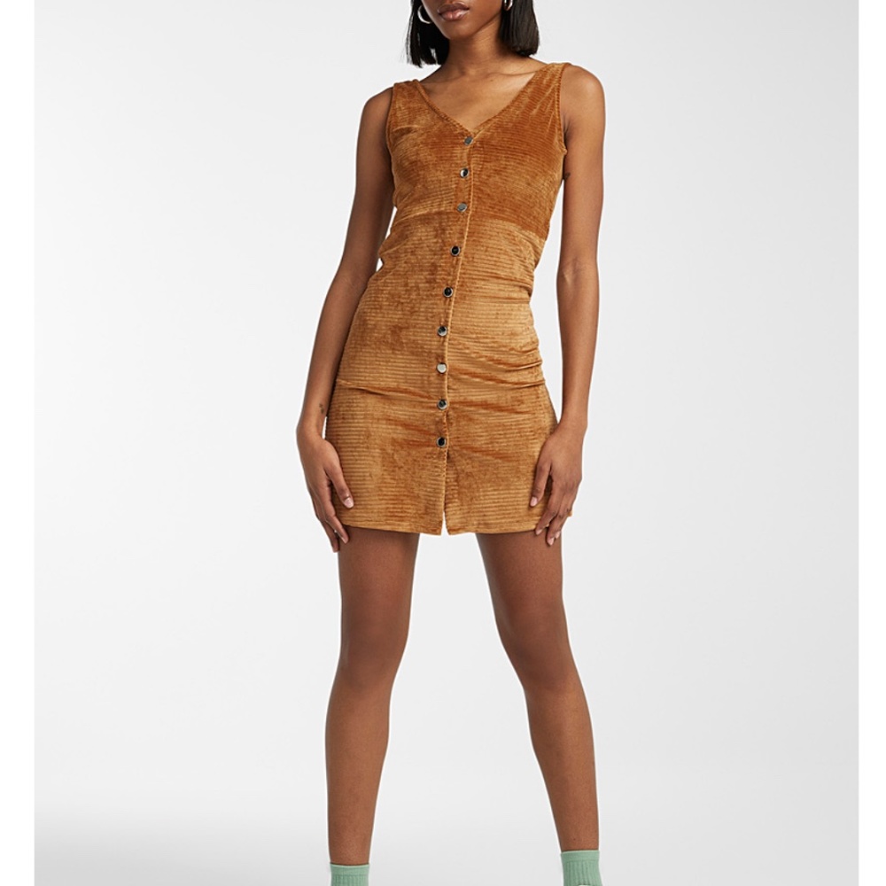Brown stretchy corduroy V-neck mini pinafore dress made in Canada NWT